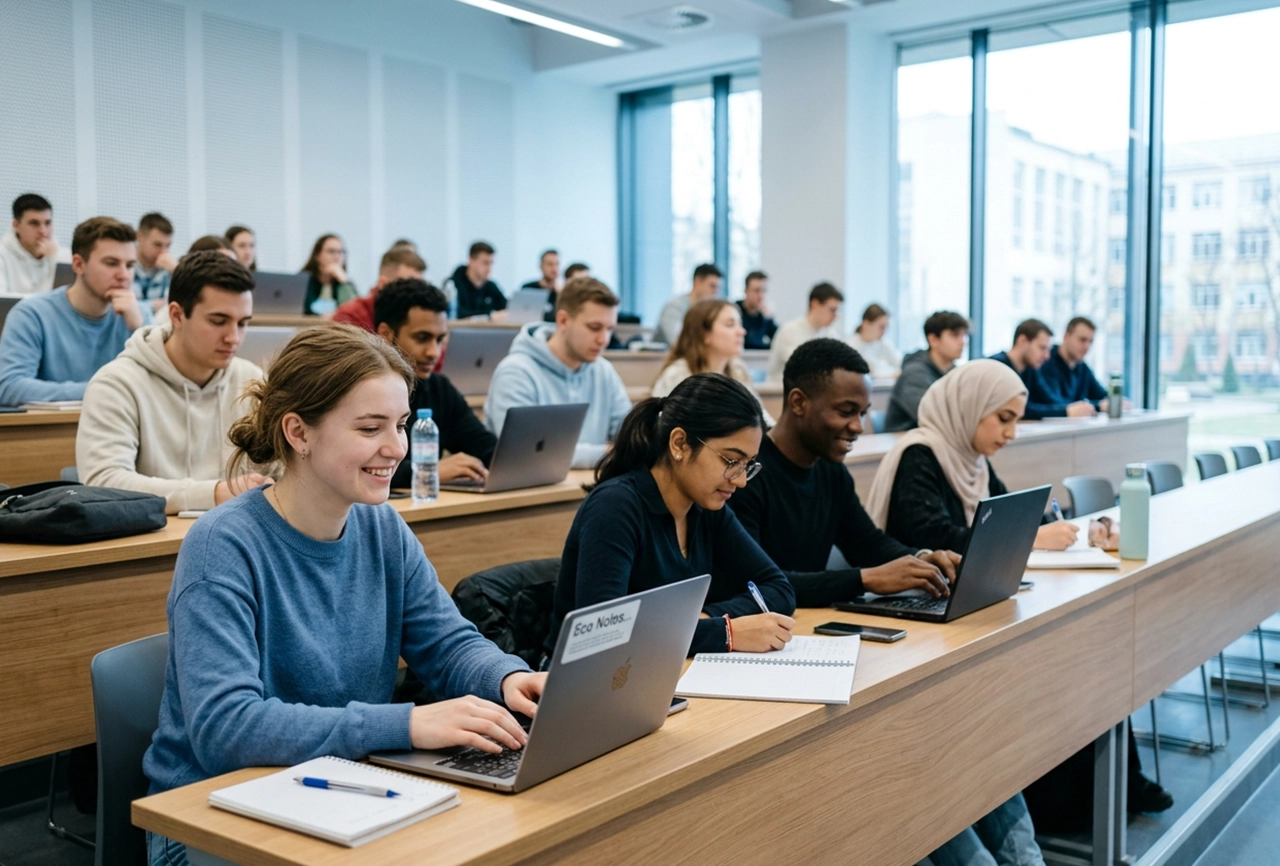 Economics students studying in a lecture hall in Ukraine