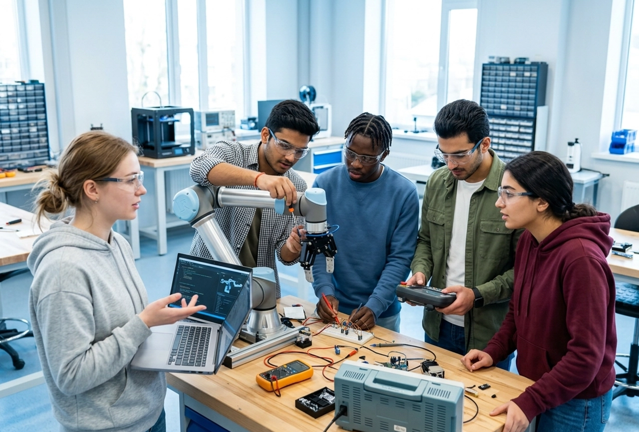 Engineering students working in a university laboratory in Ukraine