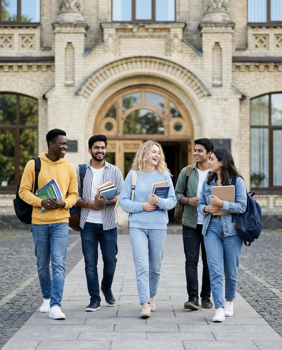 International students walking out of a university building in Ukraine, smiling and talking