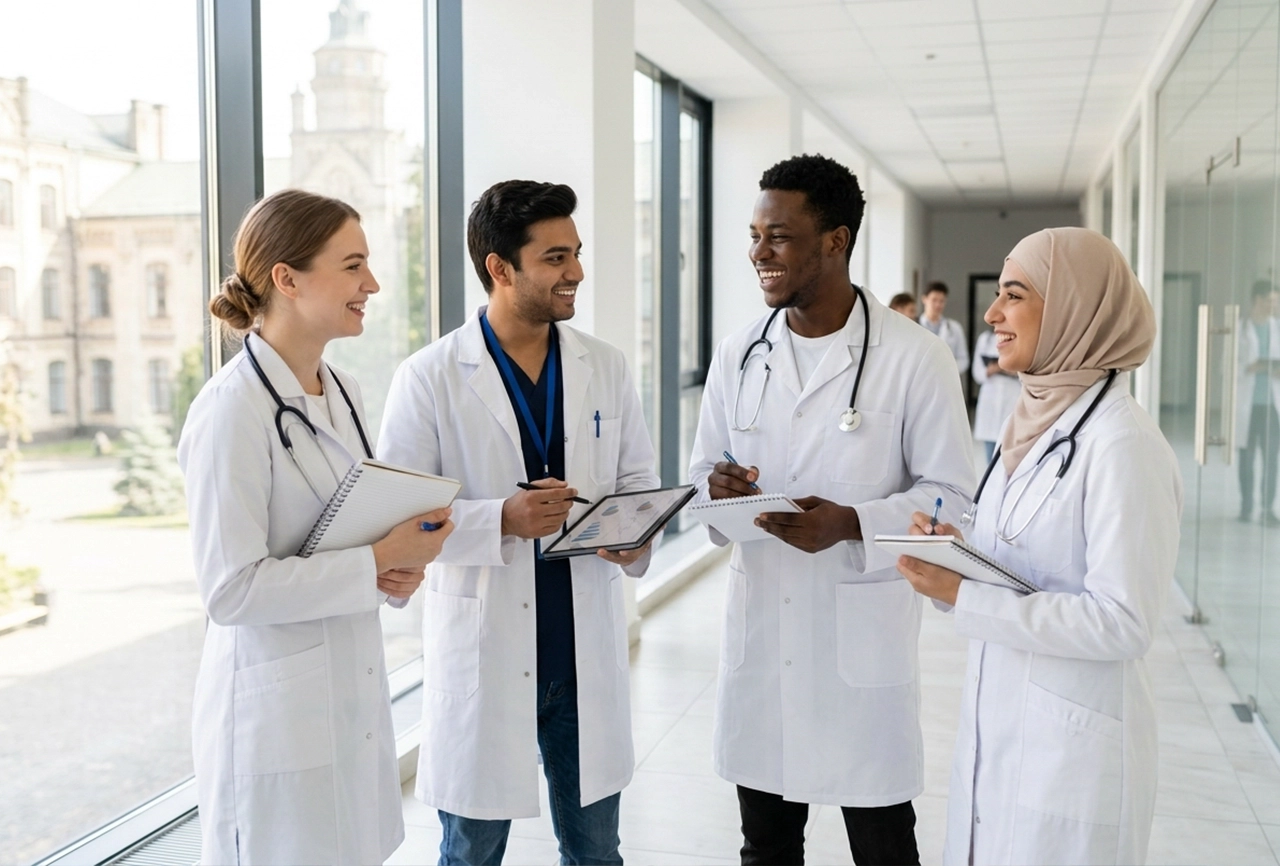 Medical students in white coats at a university in Ukraine